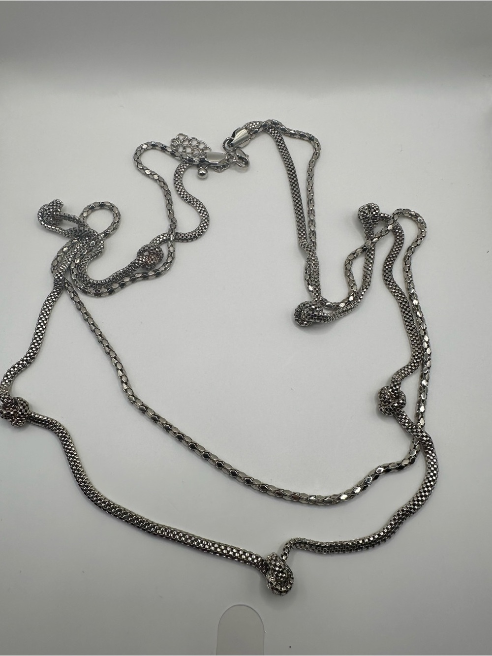 Long Silver Tone Layered Popcorn Mesh Chain Necklace Knotted Station Adjustable